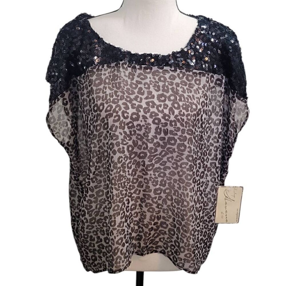 Vintage Havana est. 1954 Gray Leopard Sequin Sheer Blouse Sz M New